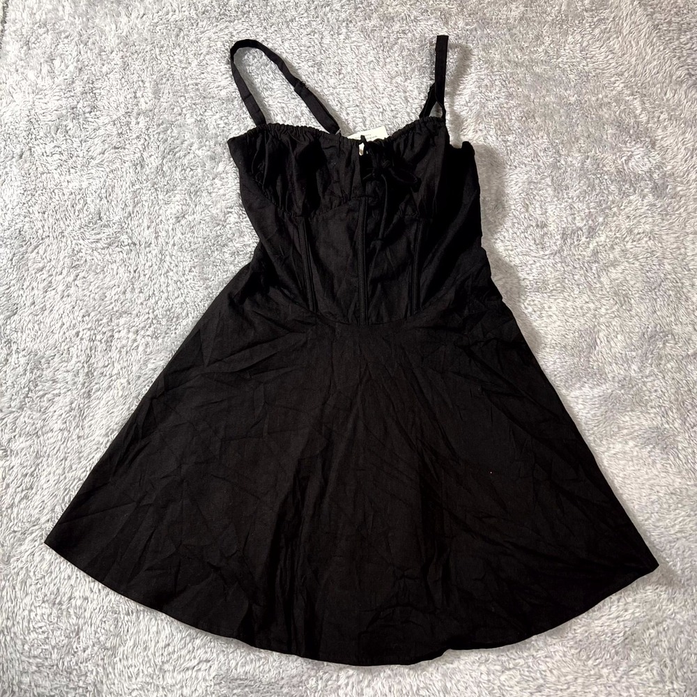 Windsor Bold New Look Corset Lace-Up Linen Skater‎ Dress Womens Large Black